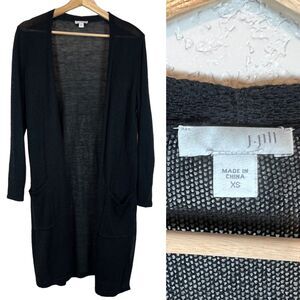 J Jill Womens Linen Blend Duster Cardigan XS Open Front Black Capsule Loose Knit